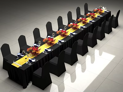 Banquet Table And Chair Set With Black Tablecloth Yellow Strip Red Flowers Wine Glasses 3d model