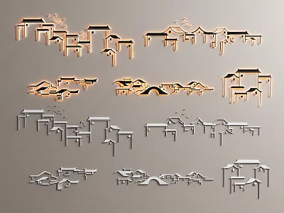 Collection Of Traditional House Silhouettes With Golden And White Architectural Styles 3d model