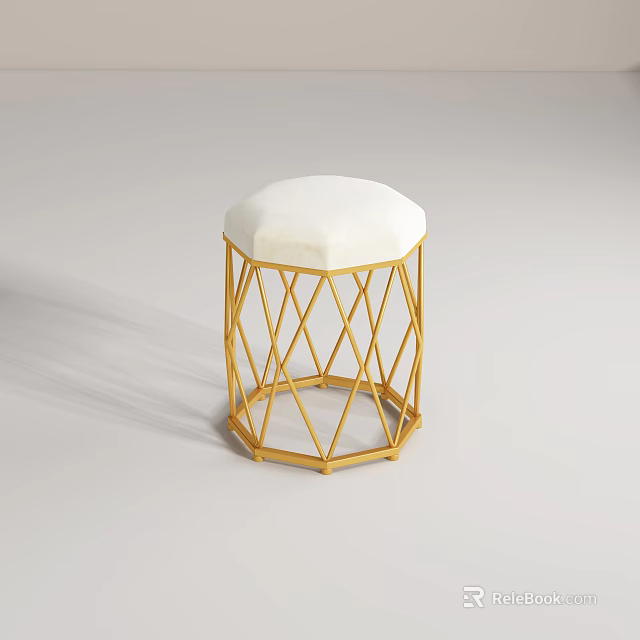 Modern Golden Geometric Frame Stool With White Padded Seat For Living Room 3d model 