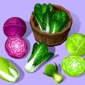 Fresh Colorful Vegetables Including Purple Green Cabbage And Bok Choy In Wooden Basket