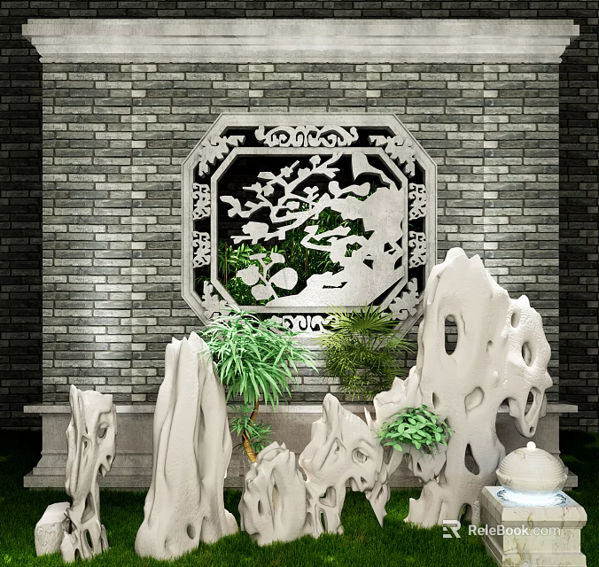 Garden Ornaments Display With Octagonal Carved Window Brick Wall Stone Rock Formations And Green Plants 3d model 