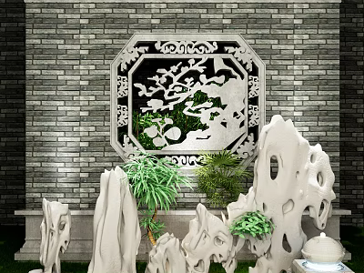 Garden Ornaments Display With Octagonal Carved Window Brick Wall Stone Rock Formations And Green Plants 3d model
