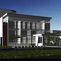 Modern Industrial Factory Building With Multi Story Structure Large Glass Windows And Landscaped Entrance Area