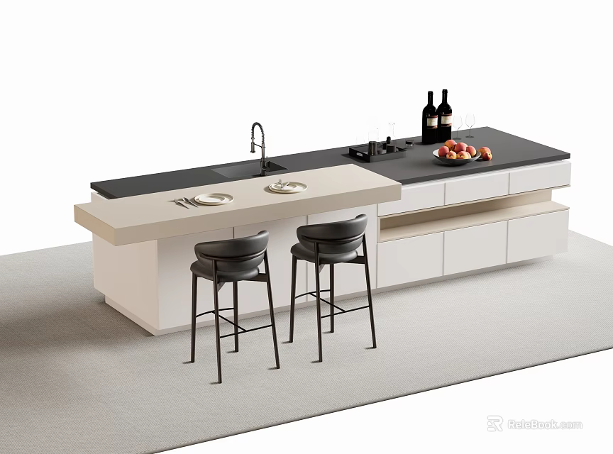 Modern Bar Counter With White Cabinets Black Countertop Two Bar Stools Wine Bottles And Fruits 3d model 