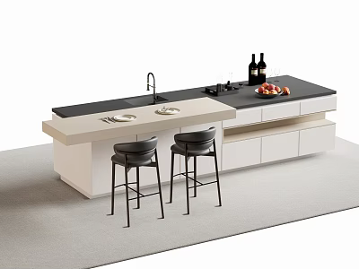 Modern Bar Counter With White Cabinets Black Countertop Two Bar Stools Wine Bottles And Fruits 3d model