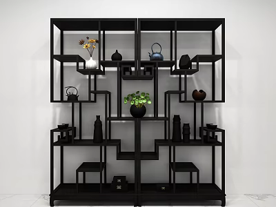 Traditional Chinese Bogu Shelf With Multi Tiered Design And Antique Teapots Vases And Green Plant 3d model