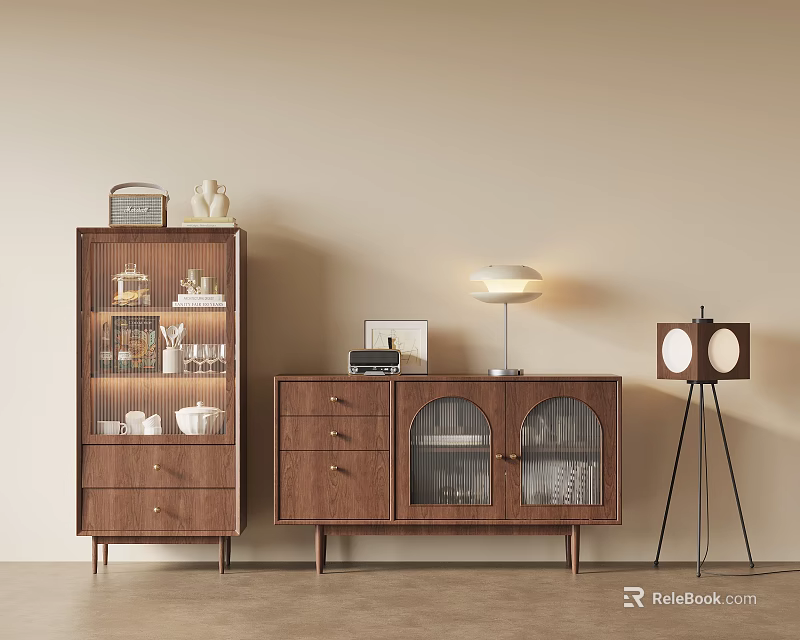 Modern Wooden Console Cabinet And Sideboard With Glass Doors Drawers And Decorative Items 3d model 