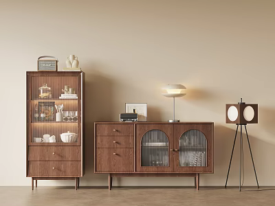 Modern Wooden Console Cabinet And Sideboard With Glass Doors Drawers And Decorative Items 3d model