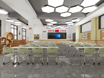 Spacious School Classroom Interior With Hexagonal Pendant Lights Green Chairs Large Screen And Bookshelves 3d model