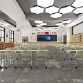 Spacious School Classroom Interior With Hexagonal Pendant Lights Green Chairs Large Screen And Bookshelves