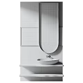 Modern Minimalist Bathroom Washbasin With Oval Mirror Wooden Shelf And Textured Wall Panel