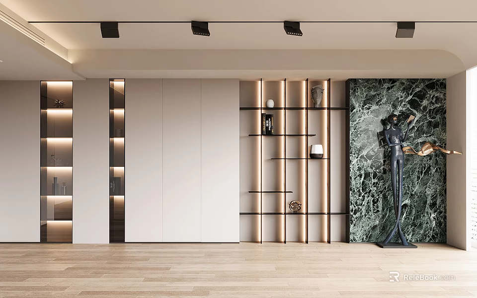 Modern Built in Bookshelf with LED Lighting and Open Shelves in Elegant Interior Design 3d model 