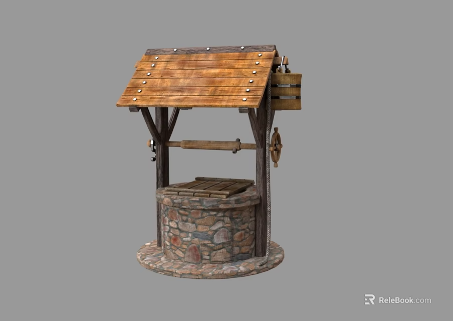 Traditional Well Structure With Wooden Roof Stone Base And Pulley Bucket 3d model 