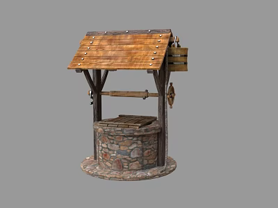 Traditional Well Structure With Wooden Roof Stone Base And Pulley Bucket 3d model