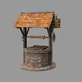 Traditional Well Structure With Wooden Roof Stone Base And Pulley Bucket