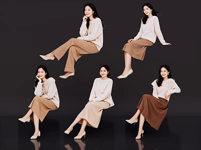 Multiple Women In Different Sitting Poses With Beige Tops And Colored Skirts 3d model