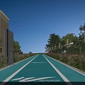 Illuminated Urban Bike Lane With Curved Street Lights And Greenery Landscaping At Night