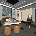 Hotel Guest Room Interior With Curved Bed White Bedding And Gray Rug