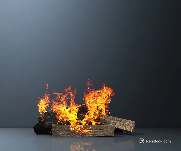 Fireplace With Vivid Burning Flames And Stacked Natural Wood Logs 3d model 