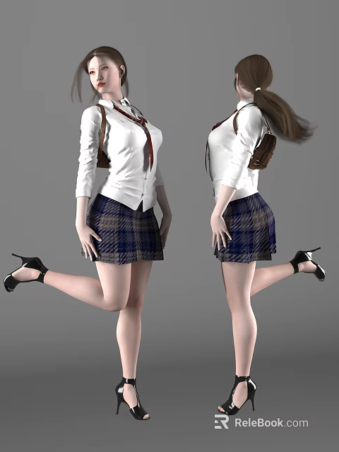 Woman in White Shirt Red Tie Plaid Skirt Brown Backpack Black High Heels Posing 3d model 