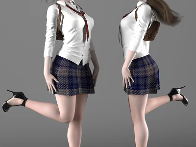 Woman in White Shirt Red Tie Plaid Skirt Brown Backpack Black High Heels Posing 3d model
