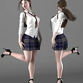 Woman in White Shirt Red Tie Plaid Skirt Brown Backpack Black High Heels Posing