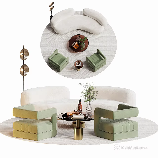 Modern White Sofa And Coffee Table Set With Green Armchairs And Decorative Items 3d model
