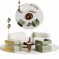 Modern White Sofa And Coffee Table Set With Green Armchairs And Decorative Items 3d model
