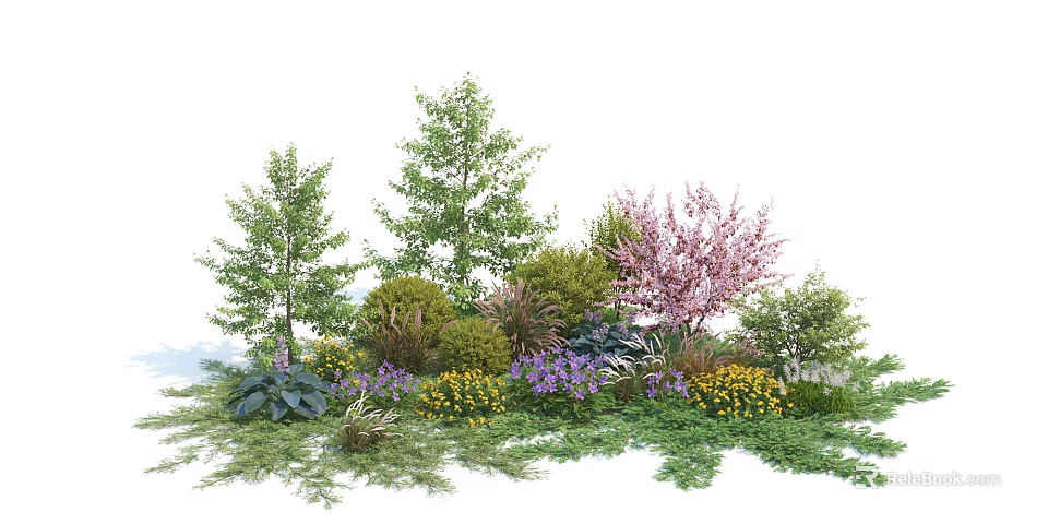 Lush Garden Shrubs with Green Trees and Pink Purple Yellow Flowers 3d model 