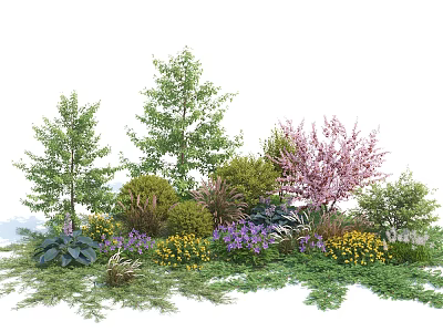 Lush Garden Shrubs with Green Trees and Pink Purple Yellow Flowers 3d model