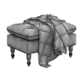 Modern Gray Padded Tufted Ottoman With Wooden Legs And Cozy Blanket