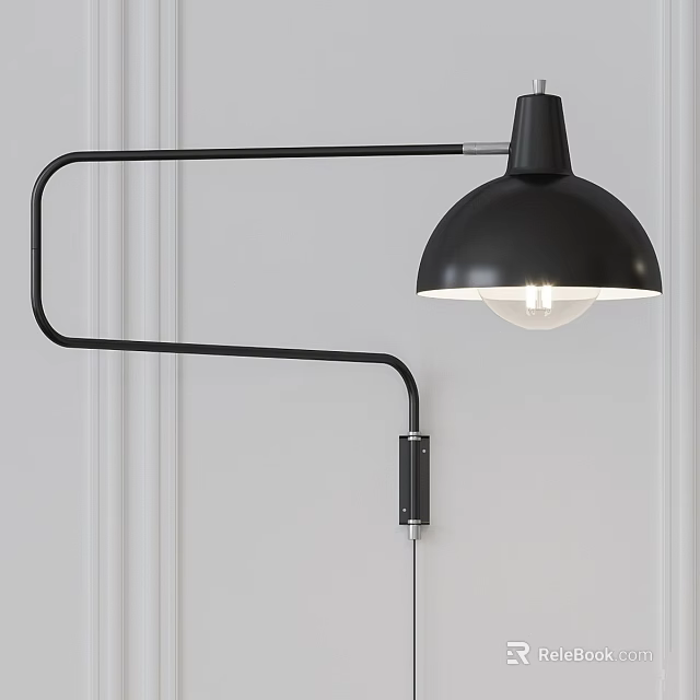 Black Wall Lamp with Curved Metal Arm and Hemispherical Shade Mounted On White Wall Lit 3d model 