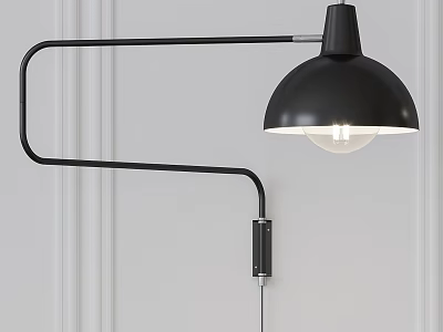 Black Wall Lamp with Curved Metal Arm and Hemispherical Shade Mounted On White Wall Lit 3d model
