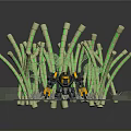 Yellow And Black Robot Surrounded By Green Bamboo Like Plants On Gray Platform