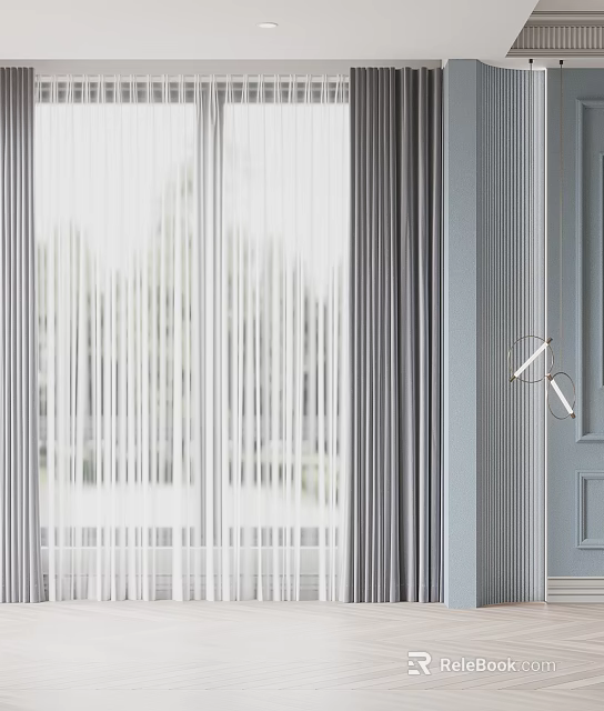 White and Gray Vertical Striped Curtains for Window with Gray Door and Natural Light 3d model 