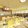 Modern Hot Pot Restaurant Interior With Dining Tables Yellow Chairs Hanging Lamps And Menu Displays