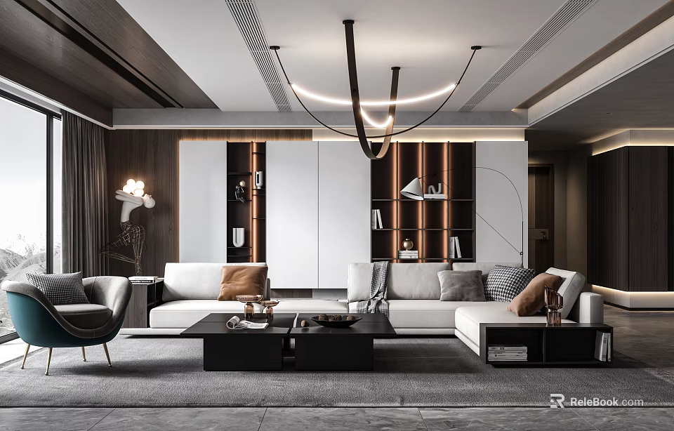 Modern Living Room Interior Design With White Sofa Black Coffee Table And Wooden Bookshelves 3d model 