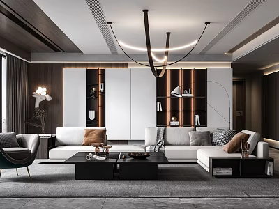 Modern Living Room Interior Design With White Sofa Black Coffee Table And Wooden Bookshelves 3d model
