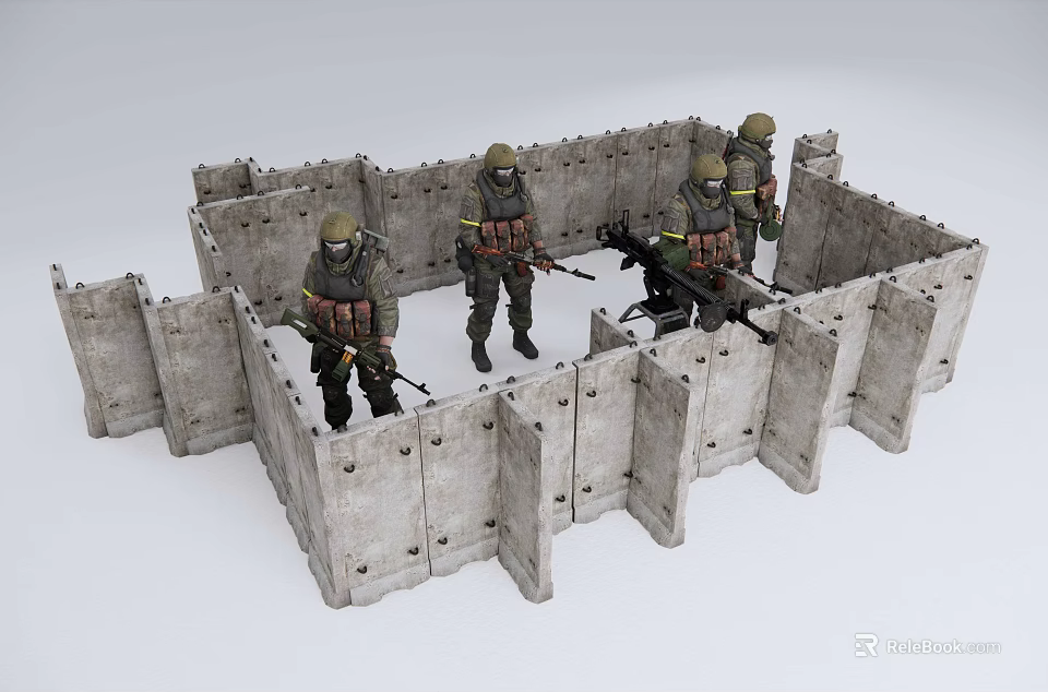 Game Movie Characters In Combat Gear Standing In Stone Wall Enclosure With Weapons 3d model 