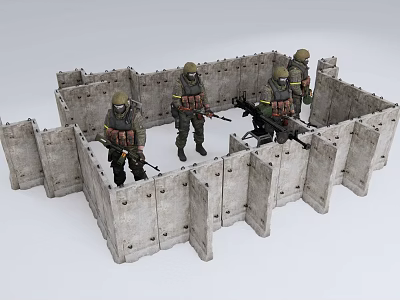 Game Movie Characters In Combat Gear Standing In Stone Wall Enclosure With Weapons 3d model