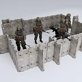 Game Movie Characters In Combat Gear Standing In Stone Wall Enclosure With Weapons