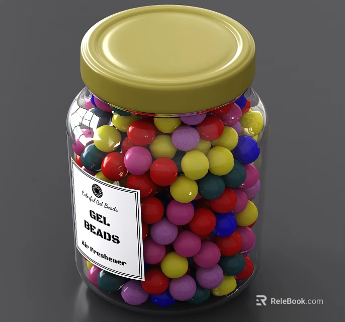 Colorful Gel Beads Filled Ceramic Jar With Golden Lid And ProFreshner Label 3d model 