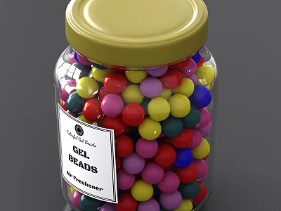 Colorful Gel Beads Filled Ceramic Jar With Golden Lid And ProFreshner Label 3d model
