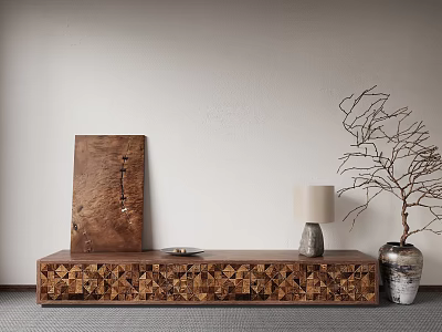 Wooden TV Stand With Geometric Pattern Decorative Painting Table Lamp And Branch 3d model