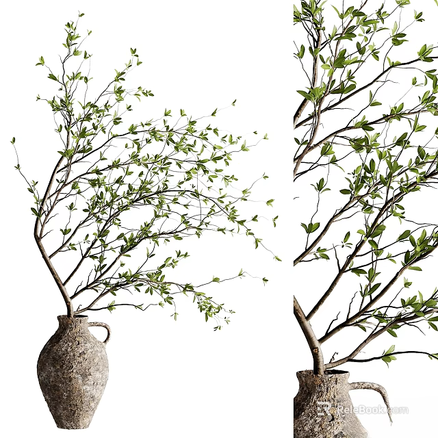 Natural Style Decorative Ornament Set with Green Branches and Clay Pots 3d model 
