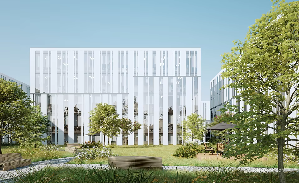 Modern Office Building Exterior With Green Lawn Bench And Outdoor Plants 3d model 