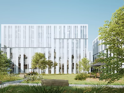 Modern Office Building Exterior With Green Lawn Bench And Outdoor Plants 3d model