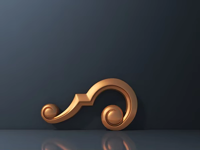 Golden Shiny Carved Ornament With Curved Metallic Design On Dark Background 3d model
