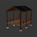 Wooden Pavilion Structure With Blue Roof Railings And Stone Pillar Bases