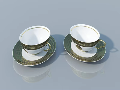 White Teacups With Gold Decorative Patterns And Saucers On Grey Background With Reflection 3d model